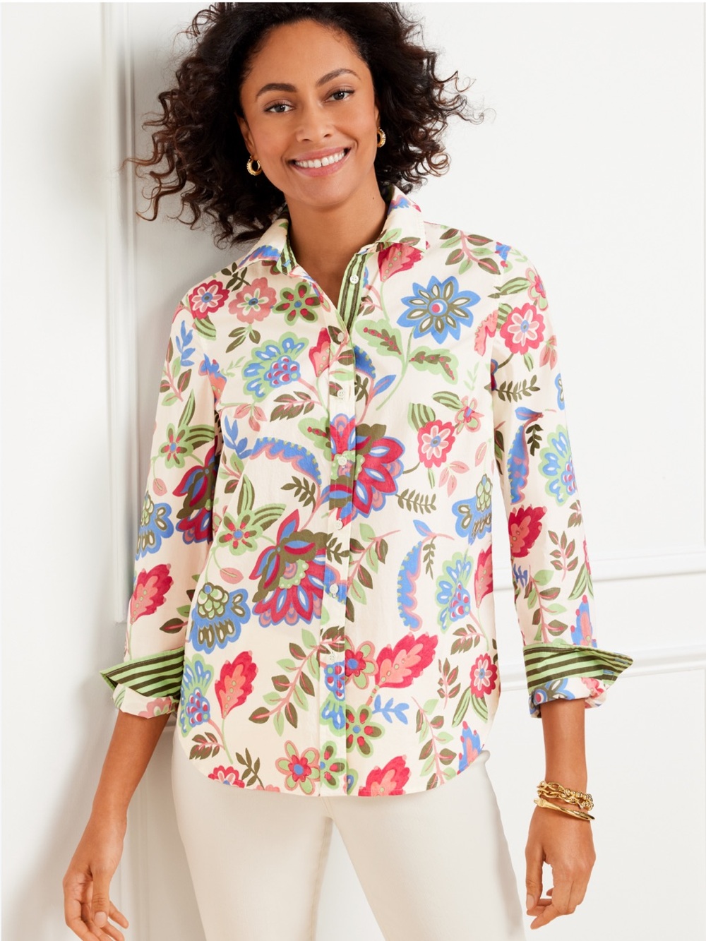 Talbots Modern Classic Cotton Button Up Shirt Darling Floral Flip Cuff Print 2XP